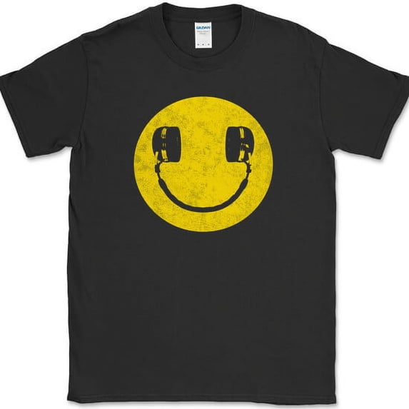 Smiley Face Headphones T-Shirt Funny DJ Scratching Humor Music Tee - Black, 2XL