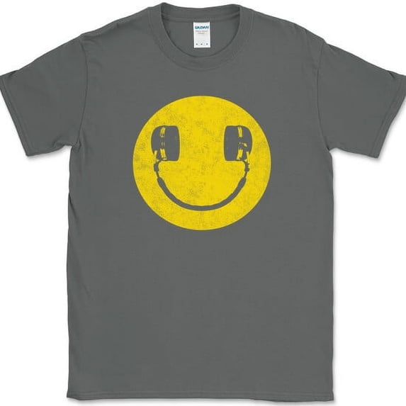 Smiley Face Headphones T-Shirt Funny DJ Scratching Humor Music Tee - Charcoal, 5XL