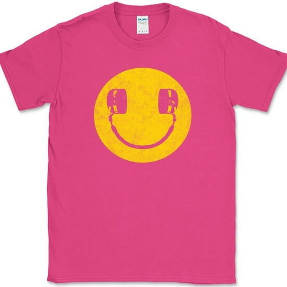 Smiley Face Headphones T-Shirt Funny DJ Scratching Humor Music Tee - Pink, 3XL