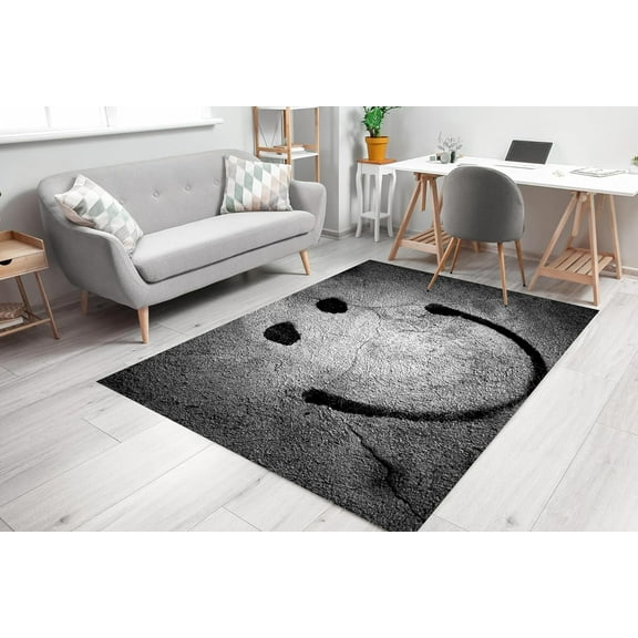 Smiley Face Indoor Area Rug,Happy Face Grey Soft Rugs for Bedroom, Easy Clean Home Decor Low Pile Carpet, Modern Area Rug for Living Room,Kids Room,Bedroom,Office 2x3ft