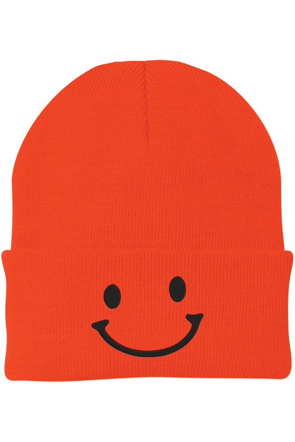 Smiley Face Outline Embroidered Beanie | Cute Knit Winter Hat | Unisex Warm Cuff Skull Cap for Men & Women (Orange)