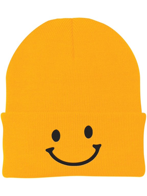 Smiley Face Outline Embroidered Beanie | Cute Knit Winter Hat | Unisex Warm Cuff Skull Cap for Men & Women (Yellow)