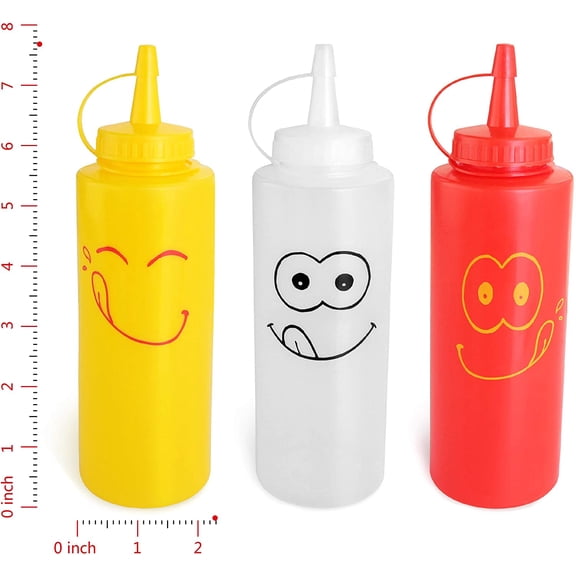 Smiley Face Plastic Squeeze Bottles 12oz, Red Yellow Clear (Set of 3) – Value Pick, Easy Dispensing & Fun for Kids