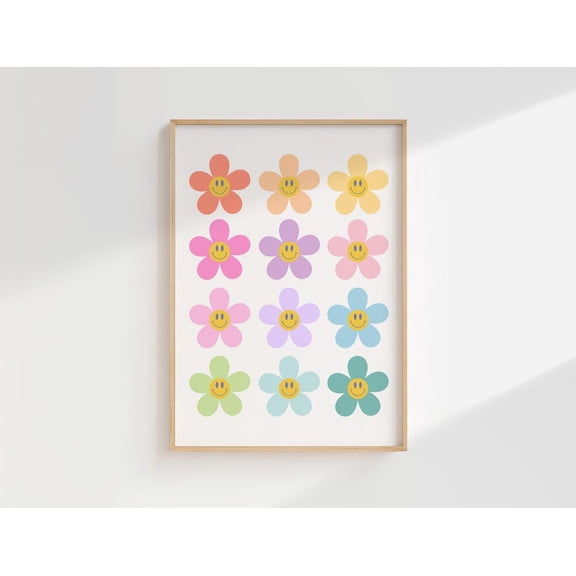 Smiley Face Print Cute Daisy Colorful Retro Wall Art Playroom Unframed Paper Print