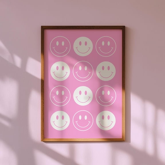 Smiley Face Print Pink White Abstract Wall Art Retro Happy Face Pattern Print Girly Room Decor Preppy Artwork Home Decor #555, Unframed Poster Size 16x24