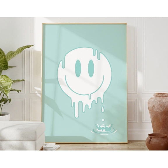 Smiley Face Print, Preppy Room Decor, College Apartment Decor, Y2K Room Decor For Teens, Blue Smiley Preppy Wall Artabl Trendy Poster Wall Art, Modern Wall Decor, 24x36 UNFRAMED
