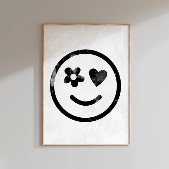 Smiley Face Print Retro, Tween Girl Room Decor 90s, Black And White Smiley Face Wall Art, Heart Eyes Smiley Face Print Or Poster, Poster Only