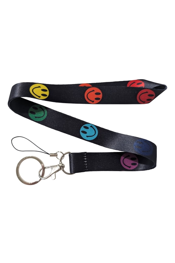 Smiley Face Rainbow Black Keychain Lanyard