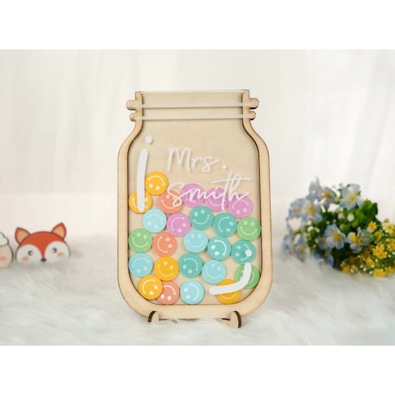 Smiley Face Reward Jar, Personalized Gift for Teacher, Colorful Classroom Decor, Back to School Gift, Custom Name Reward for Kids, Teacher Gift
