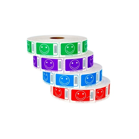 Smiley Face Roll Ticket 1,000 Ticket Roll 4 Pack Assorted Colors