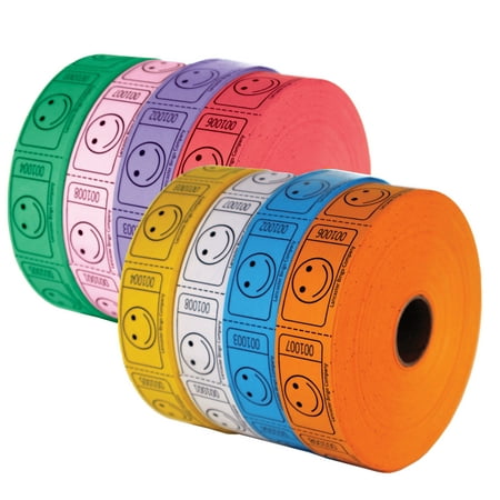 Smiley Face Roll Ticket 1,000 Ticket Roll 8 Pack Assorted Colors.Consecutively Number, Perforated
