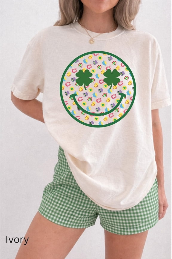 Smiley Face Shamrock Graphic Tee, Retro Saint Patrick Lucky Clover Design Comfort Colors Unisex Cotton T-Shirt, Size S-3XL