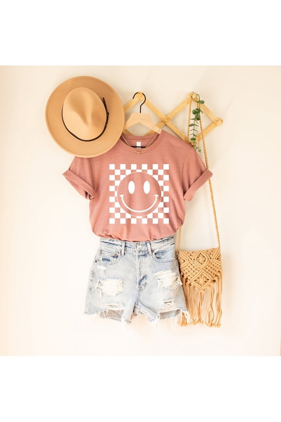 Smiley Face Shirt, Happy Face T-shirt, Smiley Face Checkered Shirt, Retro Shirt Women, Boho Shirt Girls, Trendy Vintage Shirt, for her All Size S-5Xl