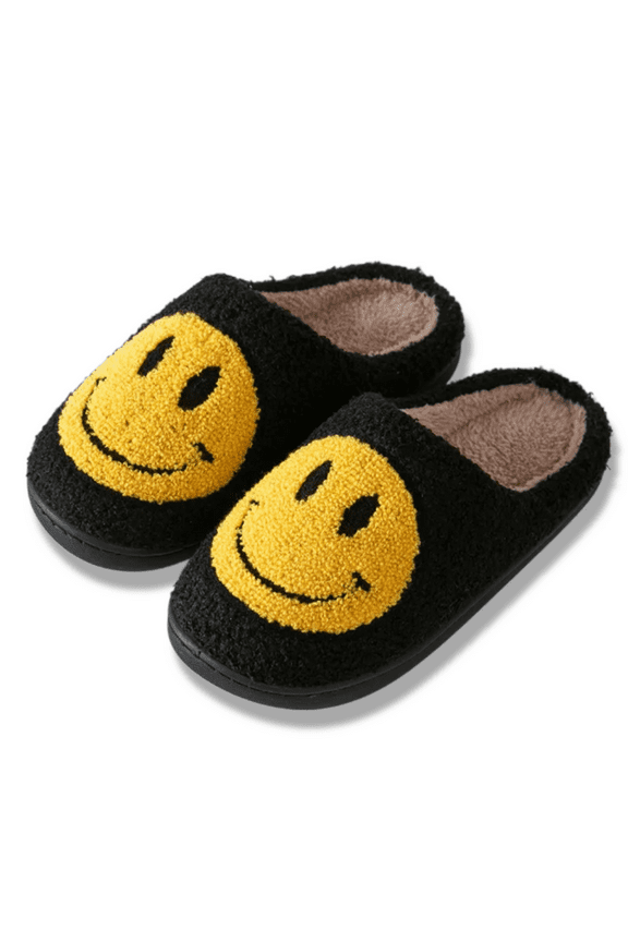 Smiley Face Slippers (Unisex), House Shoes, Black (US Womens 7 / Mens 5.5)