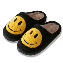 Smiley Face Slippers (Unisex), Slip Resistant, Slide-On House Shoes, Black (Women 10 / Men 8.5)