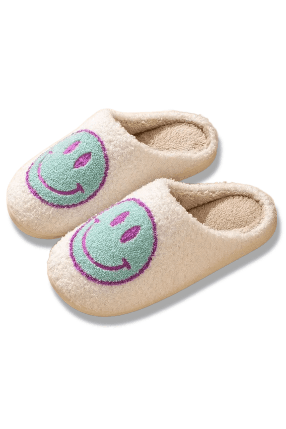 Smiley Face Slippers (Unisex), Slip Resistant, Slide-On House Shoes, Off-Blue (US Womens 7 / Mens 5.5)