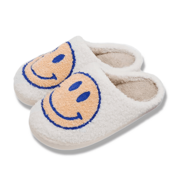 Smiley Face Slippers (Unisex), Slip Resistant, Slide-On House Shoes, Off-Yellow (US Womens 10 / Mens 8.5)