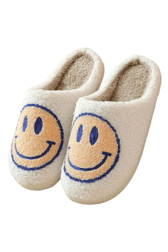 Smiley Face Slippers (Unisex), Slip Resistant, Slide-On House Shoes, Off-Yellow (US Womens 9 / Mens 7.5)