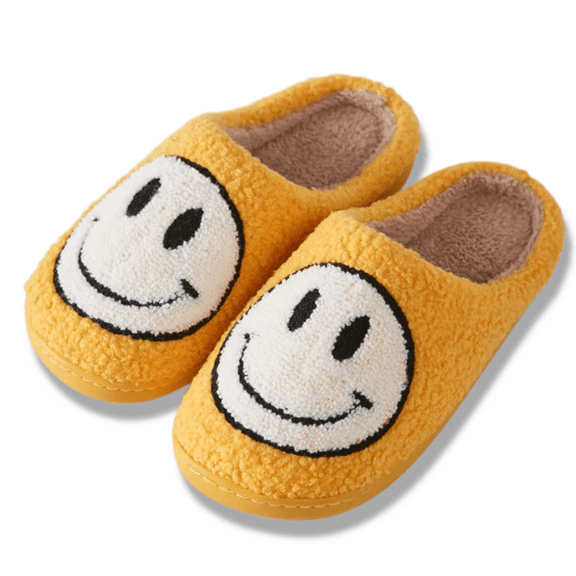 Smiley Face Slippers (Unisex), Slip Resistant, Slide-On House Shoes, Yellow (US Womens 8 / Mens 6.5)