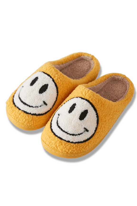 Smiley Face Slippers (Unisex), Slip Resistant, Slide-On House Shoes, Yellow (US Womens 8 / Mens 6.5)