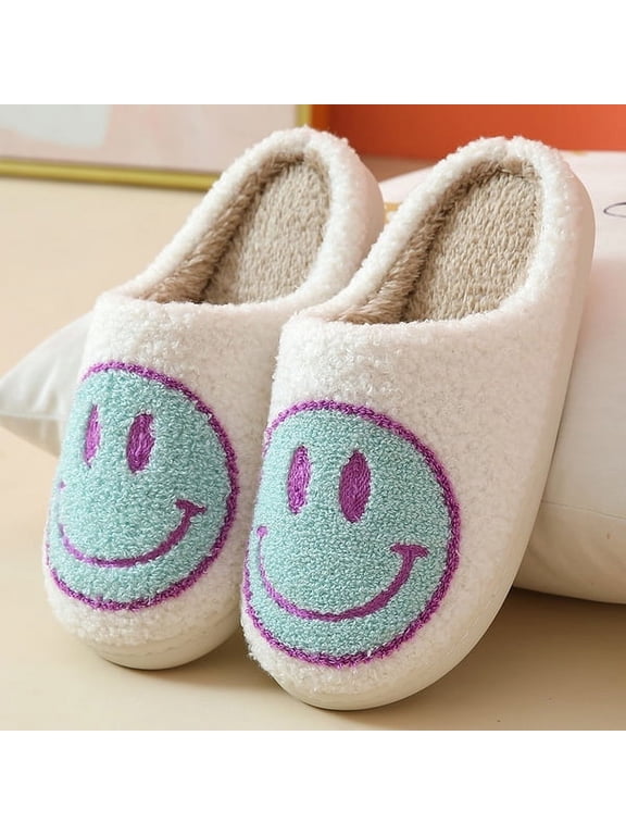 Smiley Face Slippers for Women Men Anti-Slip Soft Plush Comfy Indoor Slippers Couple Style Home Shoes