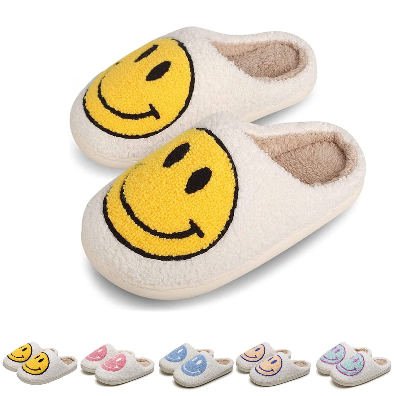 Smiley Face Slippers for Women Men, AntiSlip Soft Plush Comfy Indoor