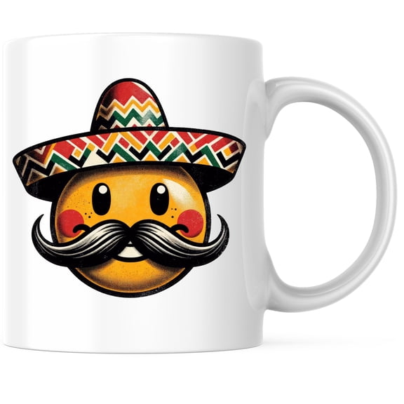 Smiley Face with Sombrero Coffee Mug - Smiley Face Fiesta Cinco De Mayo - 11 Ounce Coffee Mug - Microwave & Dishwasher Safe - White Handle & Interior - Printed On Both Sides - BMCM01097