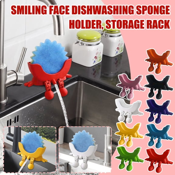Smiley Face Sponge Holder with Drying Rack, 2-in-1 Kitchen Sponge Caddy and Drain Tray for Sink Counter Organizer, No Rust Stainless Steel Wall Mount or Stand, Funny Kitchen Decor (1 Pack)
