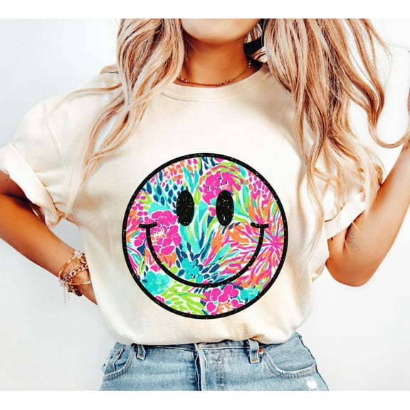Smiley Face Summer Shirt, Neon Floral Retro Tee, Distressed Tropical Beach Vibes Shirt, Groovy Pink and Orange Shirt, Vintage Animal Print Tee