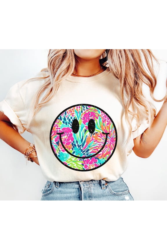 Smiley Face Summer Shirt, Neon Floral Retro Tee, Distressed Tropical Beach Vibes Shirt, Groovy Pink and Orange Shirt, Vintage Animal Print Tee