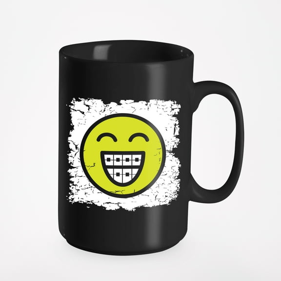 Smiley Face With Braces. Cute Graphic Design, Black 15oz Ceramic Mug