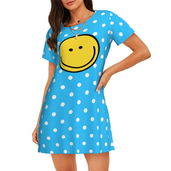 Smiley Face Women'S Nightgown Sleepwear Short Sleeves Nightshirt Loose Comfy Pajama Large