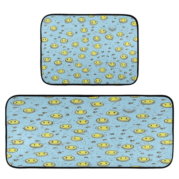 Smiley Faces 2-Piece Kitchen Carpet Mat Set, Non-Slip Memory Foam, Soft for Kitchen and Living Room Use