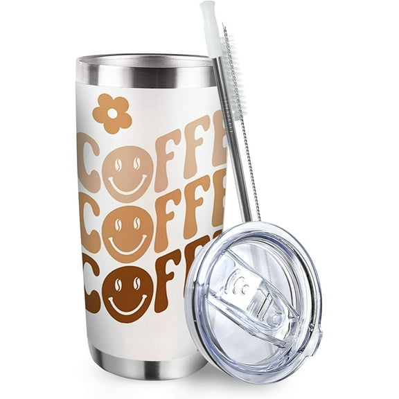 Smiley Faces Coffee Tumbler with Lid and Straw, Flower Floral Stainless Steel Travel Coffee Cup, Cute Cartoon Birthday Mug Gifts, 20oz Double Wall Vacuum Insulated Tumbler