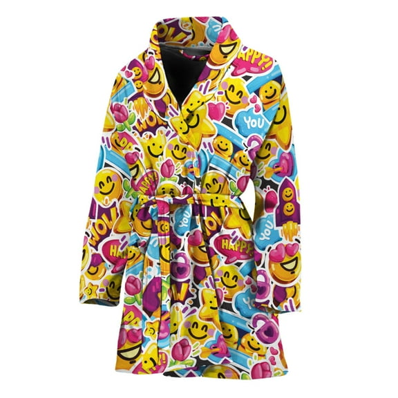 Smiley Faces Emoji Pattern Women Bathrobe One Size Univeral Fits Fashion Lightweight Plush Fleece Long Robe For Women