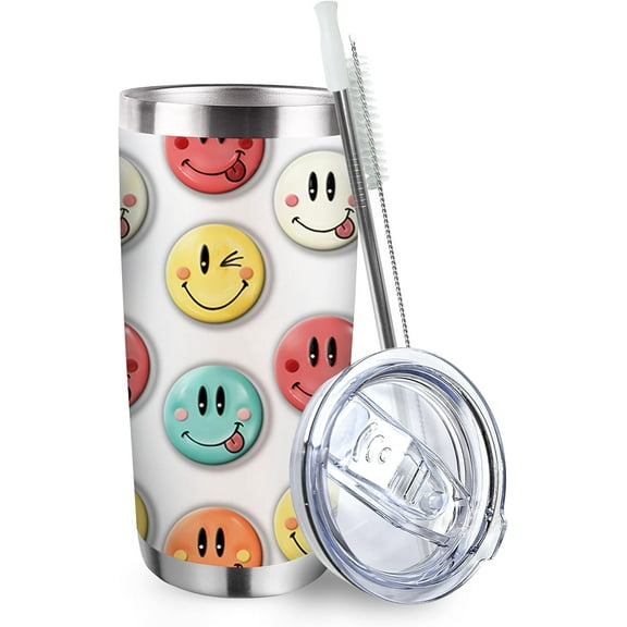 Smiley Faces Emoji Tumbler with Lid and Straw, Colorful Smiling Face Funny Stainless Steel Travel Coffee Cup, Cute Cartoon Birthday Gifts for Women, 20oz Double Wall Vacuum Insulated Mug