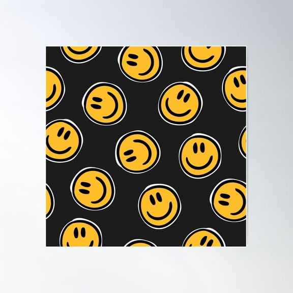 Smiley Faces Pattern On Sleek Black - Stylish Retro Design - Numbered Clock Included Poster Wall Art, Modern Wall Decor For Living Room Bedroom, 24x24 UNFRAMED