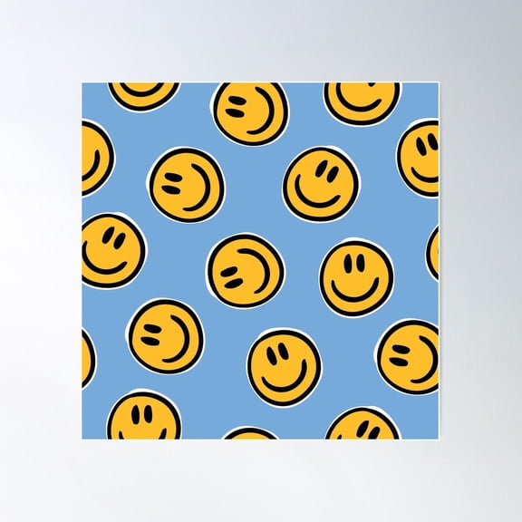 Smiley Faces Pattern On Soft Blue - Vibrant Retro Design - Numbered Clock Included Poster Wall Art, Modern Wall Decor For Living Room Bedroom, 24x24 UNFRAMED