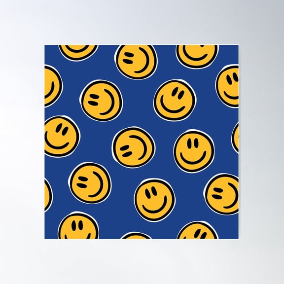 Smiley Faces Pattern On Vivid Blue - Playful Retro Design - Numbered Clock Included Poster Wall Art, Modern Wall Decor For Living Room Bedroom, 24x24 UNFRAMED