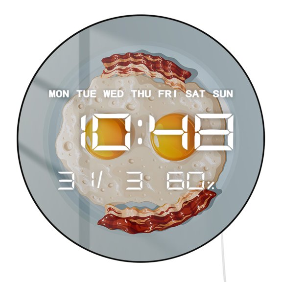 Smiley Fried Egg Bacon Smile LED Digital Wall Clock Round Electronic Wall Mount Clock With Time Date Week Humidity And Temperature Large Digit Display Breakfast Food Decor For Kitchen Dining Room