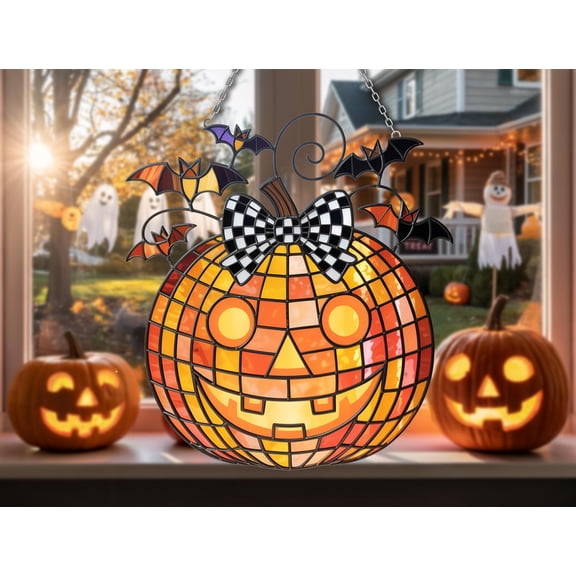 Smiley Halloween pumpkin suncatcher - Mosaic Wavy Acrylic decor with bats & checkered bow, unique autumn window hanging