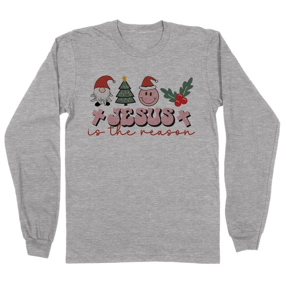 Smiley Jesus Is the Reason Christmas Long Sleeve Shirt Unisex Large Grey