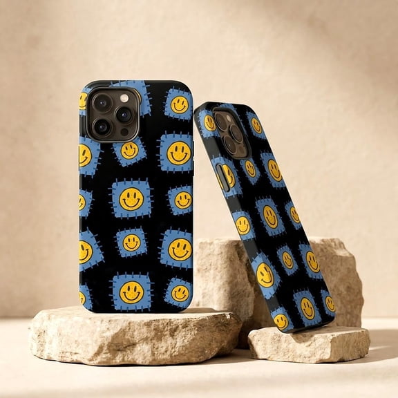 Smiley Patch Tough Case for iPhone, Dual-Layer Glossy Protective Cover