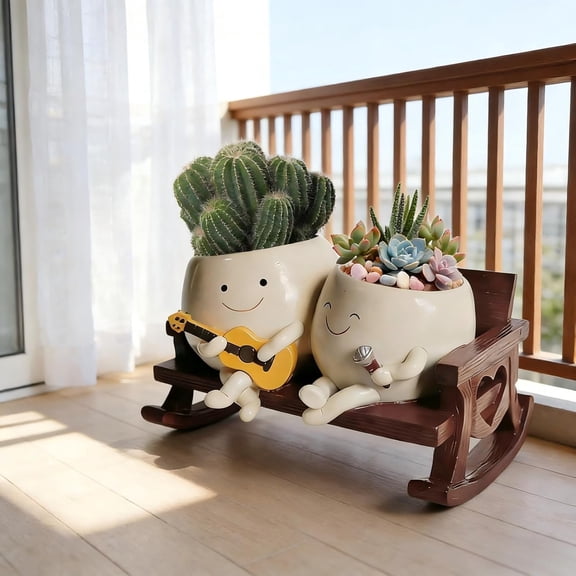 Smiley  Planter Pot, Cute Funny Heart Rocking Chair Double   Planter Pot with  Guitar and Microphone for Indoor Outdoor, Succulent Flower Pots with Drainage Hole