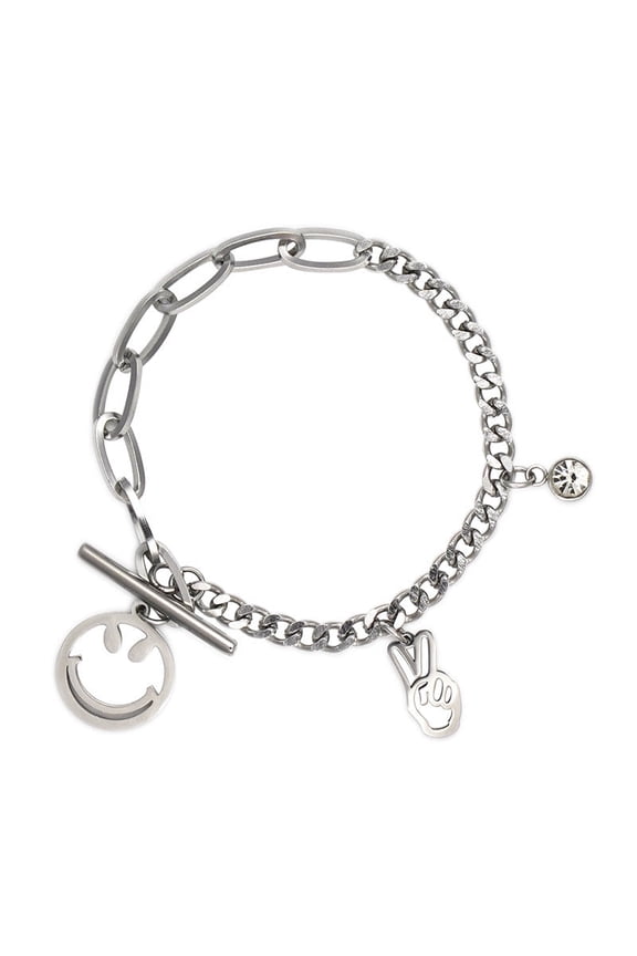 Unisex Titanium Steel Bracelet Rhinestone Smiley Face Victory Gesture Animal Zodiac Design Non Fading 19.5cm Chain