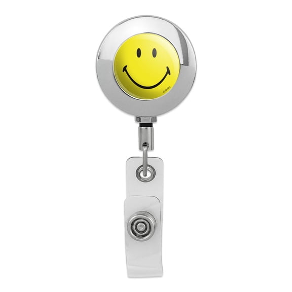 Smiley Smile Happy Yellow Face Retractable Reel Premium Metal Chrome Badge ID Card Holder Clip