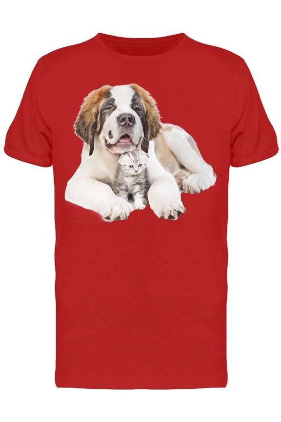 Smiley St. Bernard Hugging Cat T-Shirt Men -Image by Shutterstock, Male Large