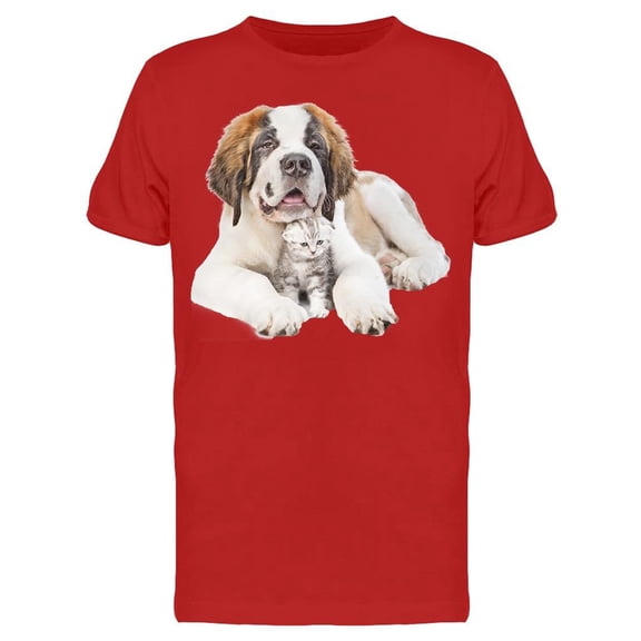 Smiley St. Bernard Hugging Cat T-Shirt Men -Image by Shutterstock, Male x-Large