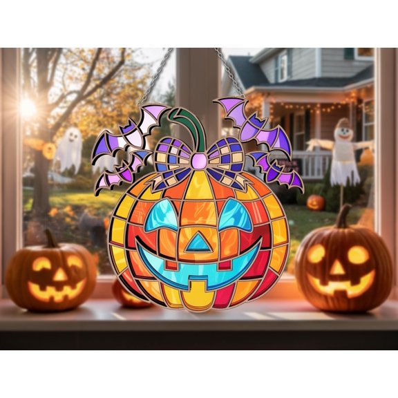 Smiley pumpkin Halloween suncatcher - Wavy Acrylic decor with purple bat and checkered bow, cute autumn window hanging