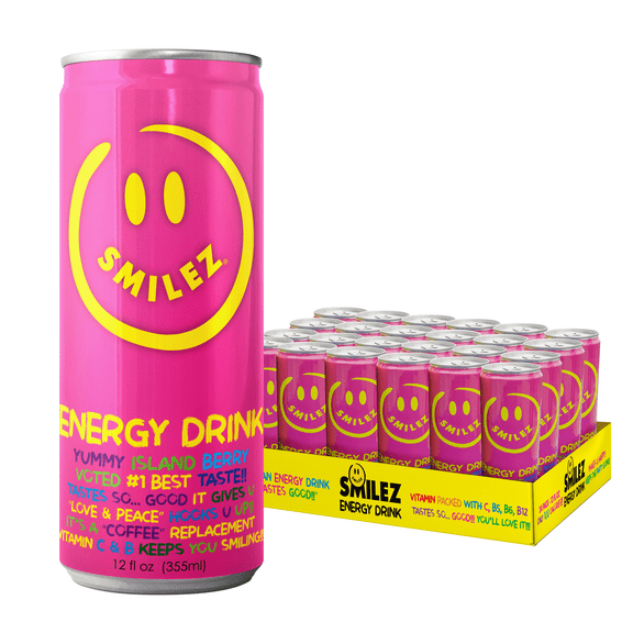 Smilez Energy Drink, Island Berry, 12 Fl Oz Cans, (Pack of 24)